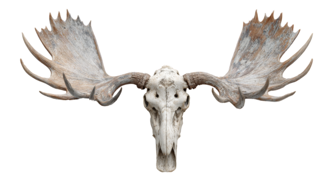 Weathered Moose Skull with Large Antlers Isolated on White Background