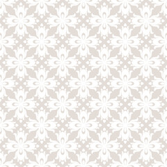 Abstract floral seamless pattern. Subtle vector geometric ornament with ethnic folk motif. Simple beige and white background texture with flower silhouettes. Minimal repeated design for linen, textile
