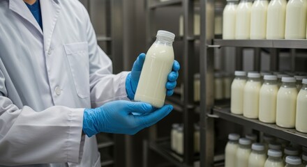 Scientist holding a bottle of fresh milk in a laboratory setting with metal shelves