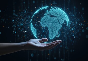 Digital globe hovers above a hand with binary code and network connections