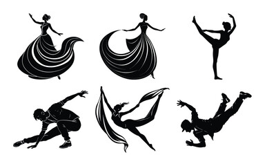  dancing people silhouette on white background