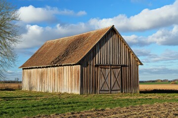 A charming rustic wooden barn rises independently in the midst of an expansive field, beneath a brilliant blue sky embellished with fluffy clouds, heralding the serene beauty of early autumn