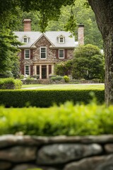 Obraz premium Beautiful historic house surrounded by lush greenery in a tranquil landscape, showcasing stone architecture and classic charm, highlighting a peaceful afternoon at a serene estate