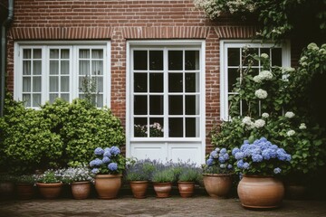 Fototapeta premium Charming brick house with blooming gardens in pots, showcasing blue hydrangeas and lush greenery, creating a serene outdoor space in early summer