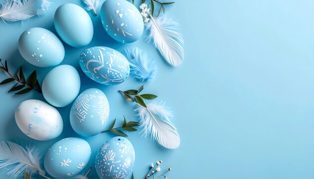 Pastel Blue Easter Eggs Feathers.