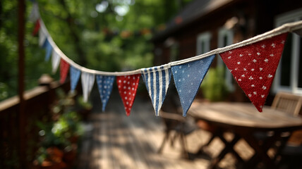Display of American flags creating a festive ambiance in a backyard setting
