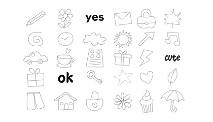 Collection of cute hand drawn doodle icons on a white background