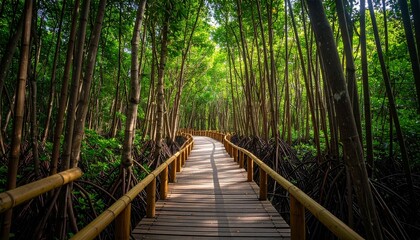Fototapeta premium Bamboo pathways winding through dense mangroves, elevated structures preserving the delicate ecosystem below with minimal impact