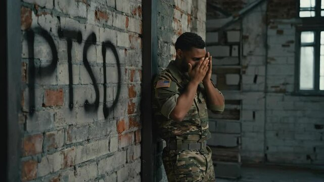 A man in a military uniform is crying in front of a wall with the word PTSD writ