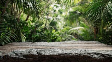 Ultra quality image of stone table top in jungle forest with blur palm tree natural tropical scene for organic product placement podium background.