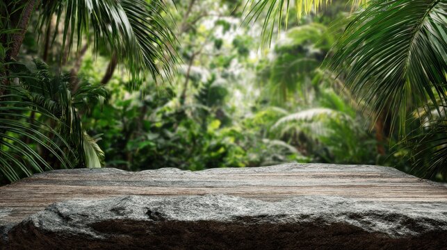 Fototapeta Ultra quality image of stone table top in jungle forest with blur palm tree natural tropical scene for organic product placement podium background.