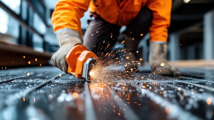 A hardworking construction worker uses a cutting tool, creating fiery sparks while diligently crafting materials, embodying dedication and the spirit of industry.