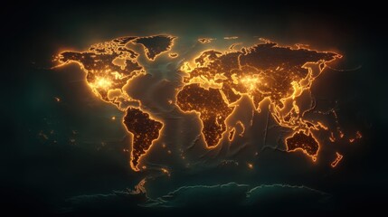 A vibrant world map illuminated in glowing orange lights highlights urban areas, representing connectivity and the pulse of global civilization seen from above.