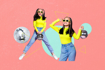 Fototapeta premium 3D collage design composite trend artwork sketch of young lady smile sunglass hand hold discoball party carefree event weekend night