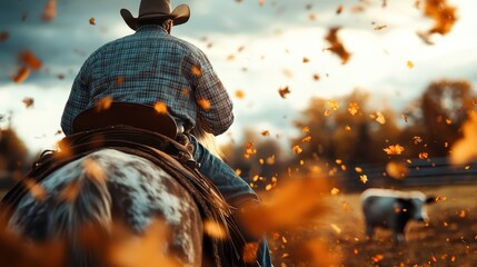 A cowboy on horseback rides through a picturesque landscape filled with swirling autumn leaves, encapsulating the spirit of adventure and connection to nature.