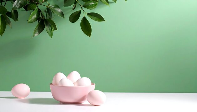 Pink bowl with eggs, and green background. - Powered by Adobe