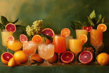 A variety of citrus juices, including blood orange, tangerine, and lemon, served in elegant glasses