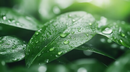 Close-up image of vibrant green leaves adorned with gleaming water droplets, symbolizing freshness, growth, and the beauty of nature in a serene environment.