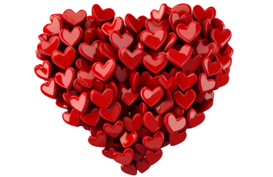 3D red heart made of many hearts, isolated on a transparent background. PNG file
