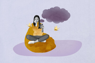 Poster trend collage of person sit use gadget with origami birds cloud on purple background