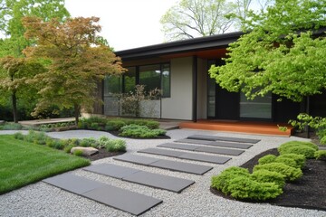 Modern landscape design showcasing a contemporary home entrance with stone pathway surrounded by lush greenery and manicured gardens
