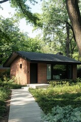 Modern brick house nestled in a lush garden during daylight, showcasing a harmonious blend of architecture and nature in a serene neighborhood setting