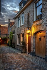 Fototapeta premium A picturesque cobblestone alley nestled in a historic town comes alive at twilight, as warm streetlights cast a gentle glow on the charming brick buildings