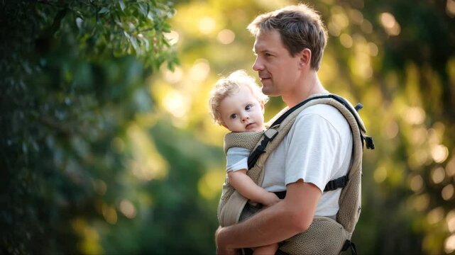 Portrait of attractive young father holding a child kiss and hug on street at sunlight funny newborn baby in a slings carrier. Ergo backpack. Parents. Slow motion