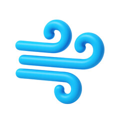 Blue stylized 3d icon wind icon blowing on transparent background, simple cartoon plastic design