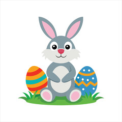 Funny Easter Bunny with Colorful Eggs Vector