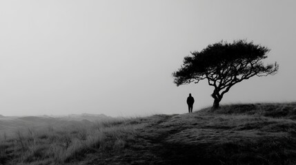 Silhouette of a Person Standing Beside a Tree on a Misty Landscape
