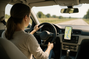 Woman Driving with GPS Navigation on Smartphone