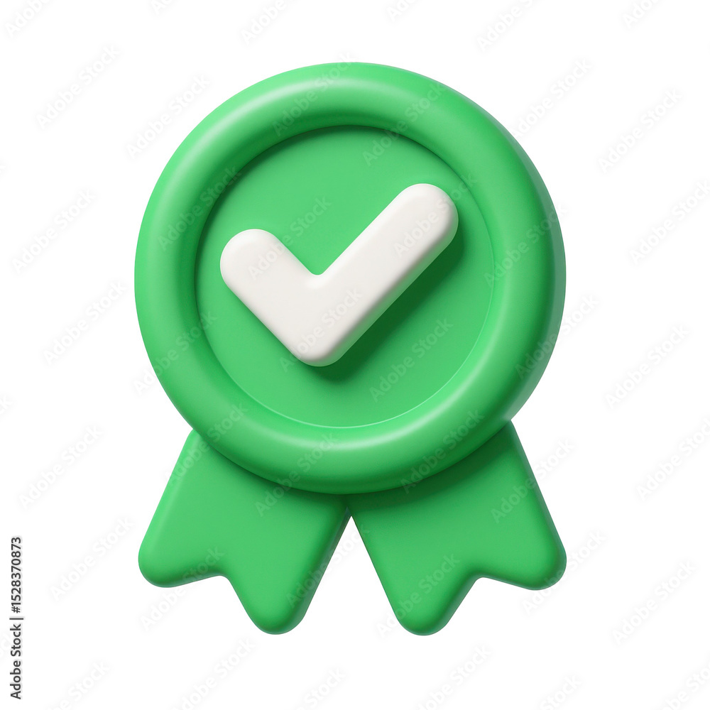 Poster 3d cartoon plastic icon representing validation and approval with a white check mark on a green badg