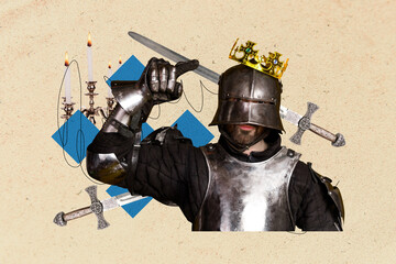 Template poster 3D photo collage of young man wear helmet crown king finger point showing ancient...