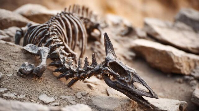 Archeology. Unearthed jurassic remains. Closeup view of dinosaur bone structure remains in the excavation site.
