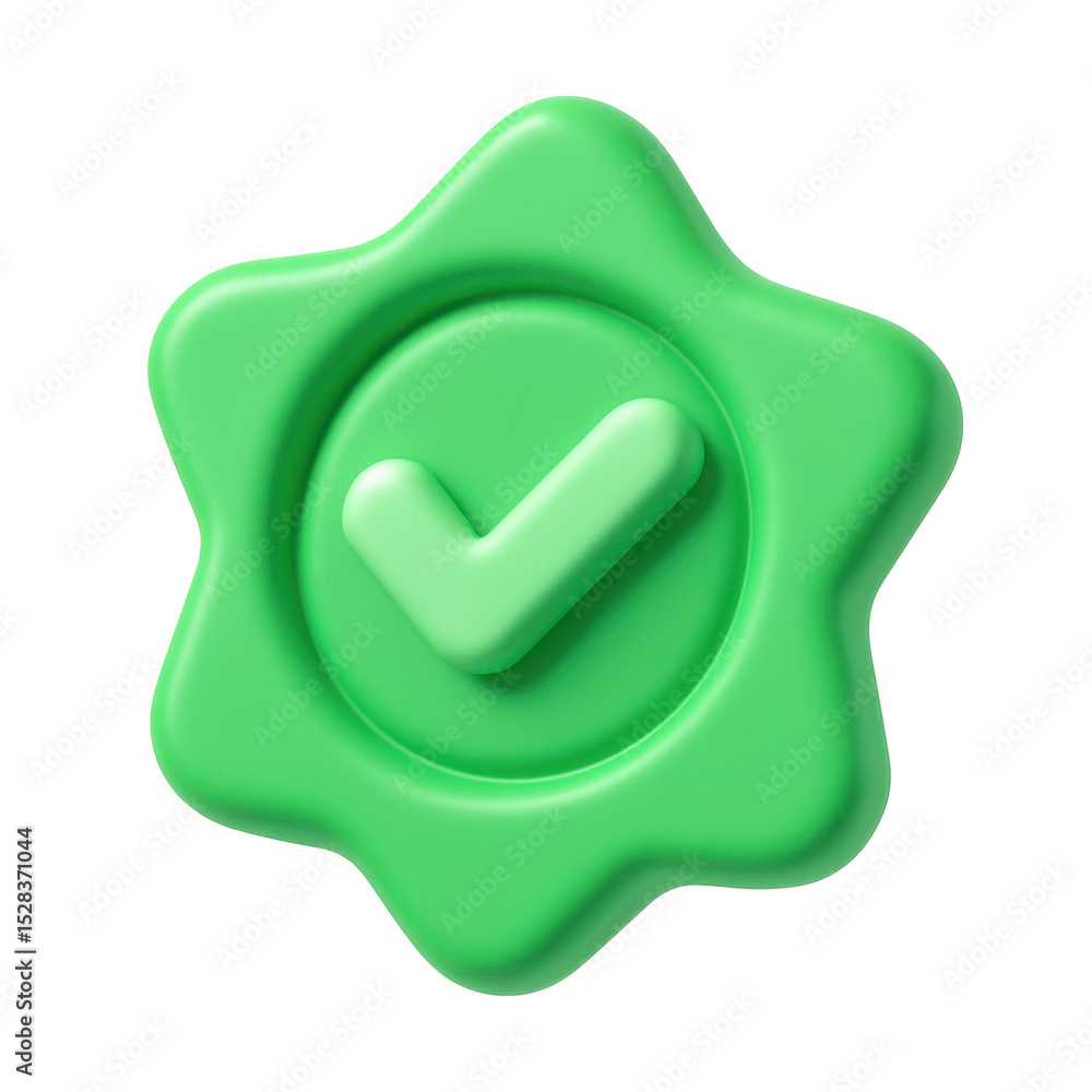 Poster 3d icon cartoon plastic icon of a green approval badge with check mark, showing validation on a tran