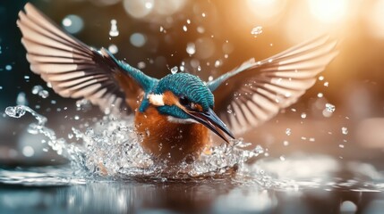 A vibrant kingfisher dives into the water, creating a lively splash as it hunts for food, embodying the beauty and agility of wildlife in motion.