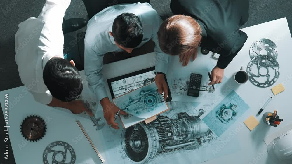 Aufkleber top down view of skilled engineer working together while looking at jet engine. aerial view of smart