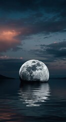 Serene moonrise over tranquil water at dusk reflecting peaceful sky