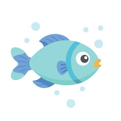 A fish. Cartoon flat-style blue colored fish with bubbles all around. Children's underwater illustration
