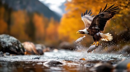 A striking image of a powerful eagle soaring with two fish in its grasp, perfectly capturing the essence of fall colors and wildlife's natural beauty in motion.