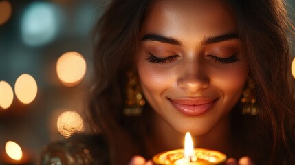 A serene image of a woman gently holding a lit candle, evoking feelings of peace, warmth, and spirituality in a beautifully captured moment radiating inner tranquility.