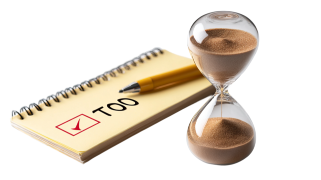 A visually striking conceptual still life illustrates the passage of time and task completion, focusing on an hourglass, a to-do list with a checkmark, and a pen.