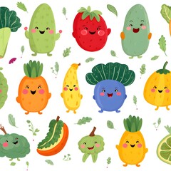 Fototapeta premium Whimsical Seamless Pattern Featuring Cute Vegetable Characters for Playful Designs