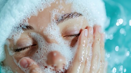 Fototapeta premium A close-up shot of a woman's face, gently covered with soapy foam while washing, illustrating self-care, cleanliness and the soothing experience of personal rituals.