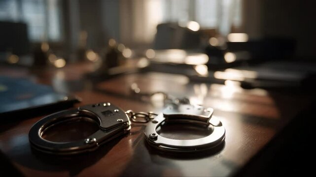 Nickel-plated handcuffs on a black table. Accessories for special services and police. Dark background.