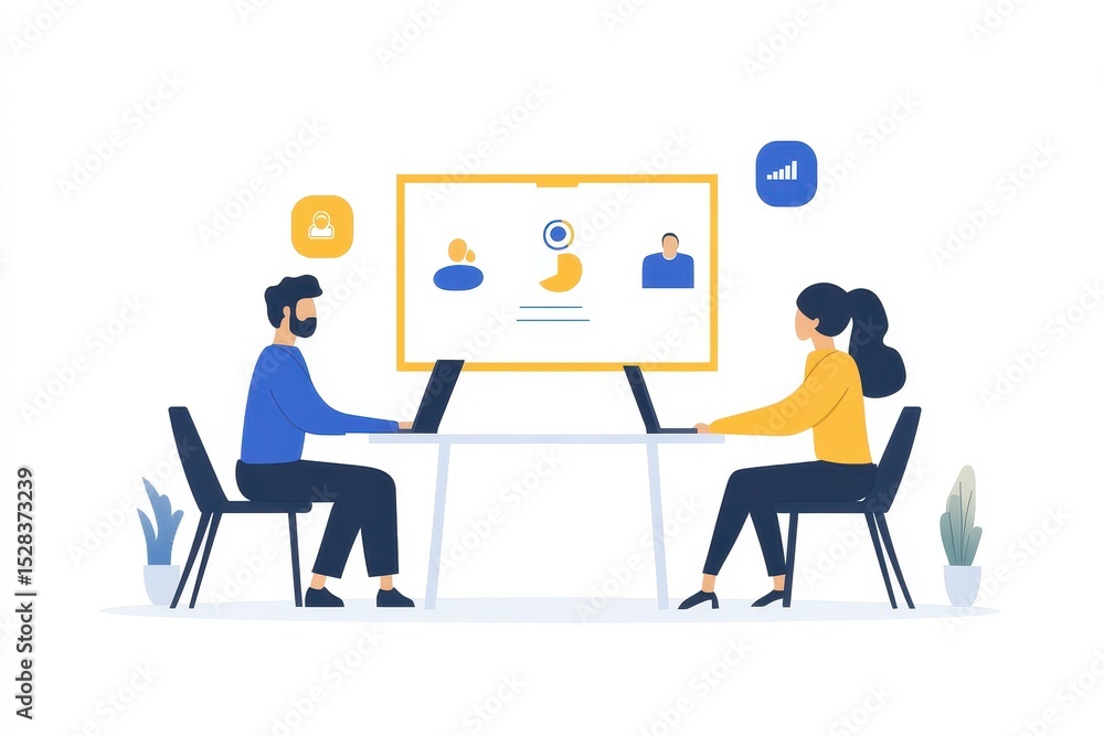 Aufkleber group of colleagues in a conference room discussing charts and data on a screen during a business me