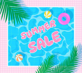 Summer sale vector illustration. Pool with blue water, float, ball, rubber ring and palm leaf. Shining turquoise rippled water and Inflatable swimming circle template.