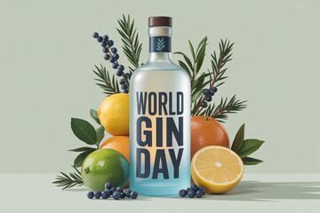 Vibrant composition of gin, fresh citrus fruits, and botanicals celebrating world gin day.
