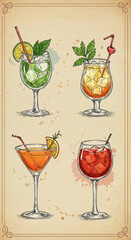 Colorful cocktail collection with herbs citrus and ice on artistic background